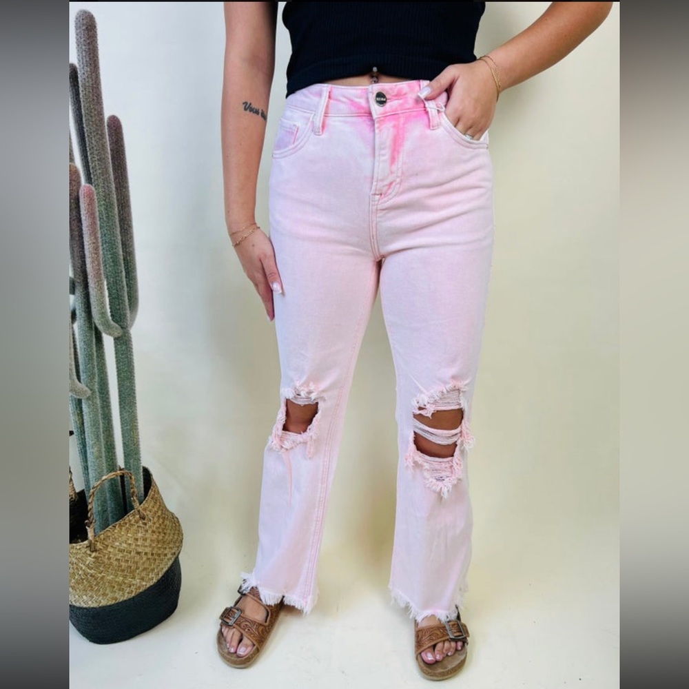 NWT Risen Acid Pink High Rise Knee Distressed Straight Pants 15/32